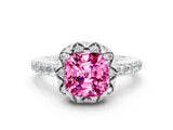 White gold Cushion Cut Pink Sapphire Scalloped Halo Engagement Ring with Round Shared Prong Band_24