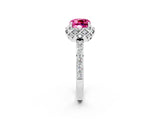 White gold Cushion Cut Pink Sapphire Scalloped Halo Engagement Ring with Round Shared Prong Band_26