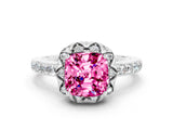 White gold Cushion Cut Pink Sapphire Scalloped Halo Engagement Ring with Round Shared Prong Band_36