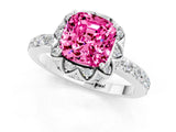 White gold Cushion Cut Pink Sapphire Scalloped Halo Engagement Ring with Round Shared Prong Band_37