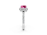 White gold Cushion Cut Pink Sapphire Scalloped Halo Engagement Ring with Round Shared Prong Band_38