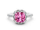 White gold Cushion Cut Pink Sapphire Scalloped Halo Engagement Ring with Round Shared Prong Band_48