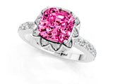 White gold Cushion Cut Pink Sapphire Scalloped Halo Engagement Ring with Round Shared Prong Band_49