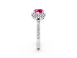 White gold Cushion Cut Pink Sapphire Scalloped Halo Engagement Ring with Round Shared Prong Band_50