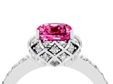 White gold Cushion Cut Pink Sapphire Scalloped Halo Engagement Ring with Round Shared Prong Band_52