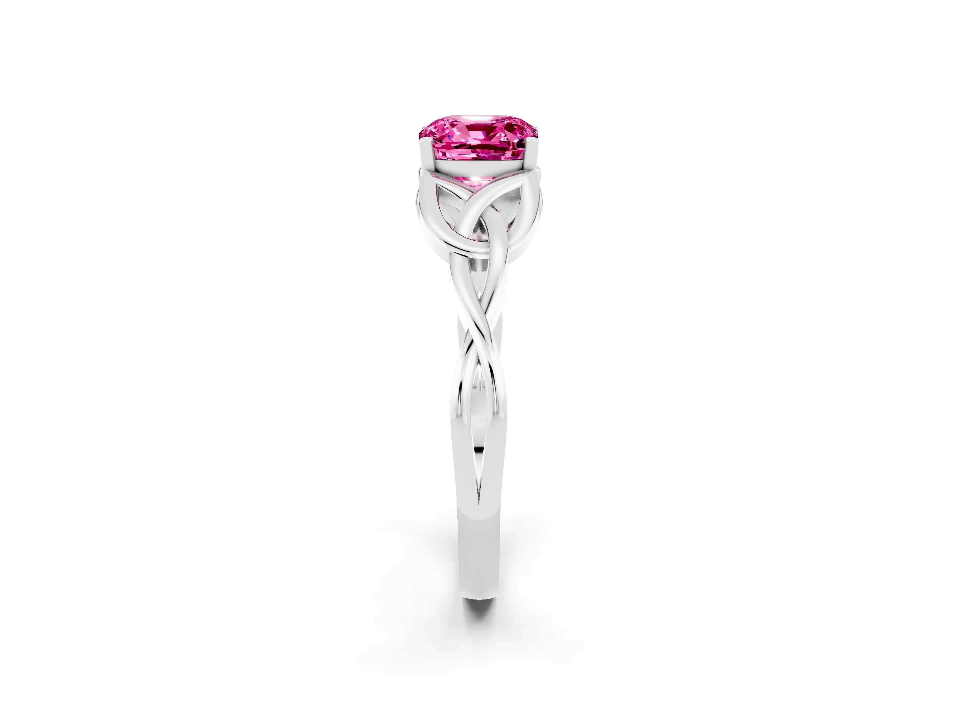 White gold Cushion Cut Pink Sapphire Solitaire Celtic Knot Ring with Four-Prong Setting_26