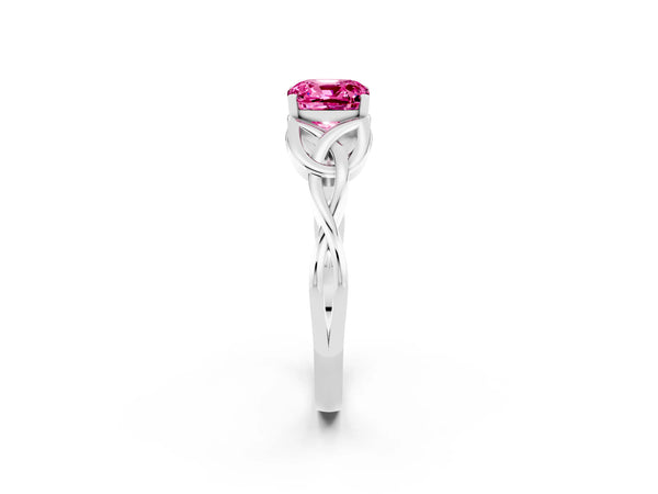 Silver Cushion Cut Pink Sapphire Solitaire Celtic Knot Ring with Four-Prong Setting
