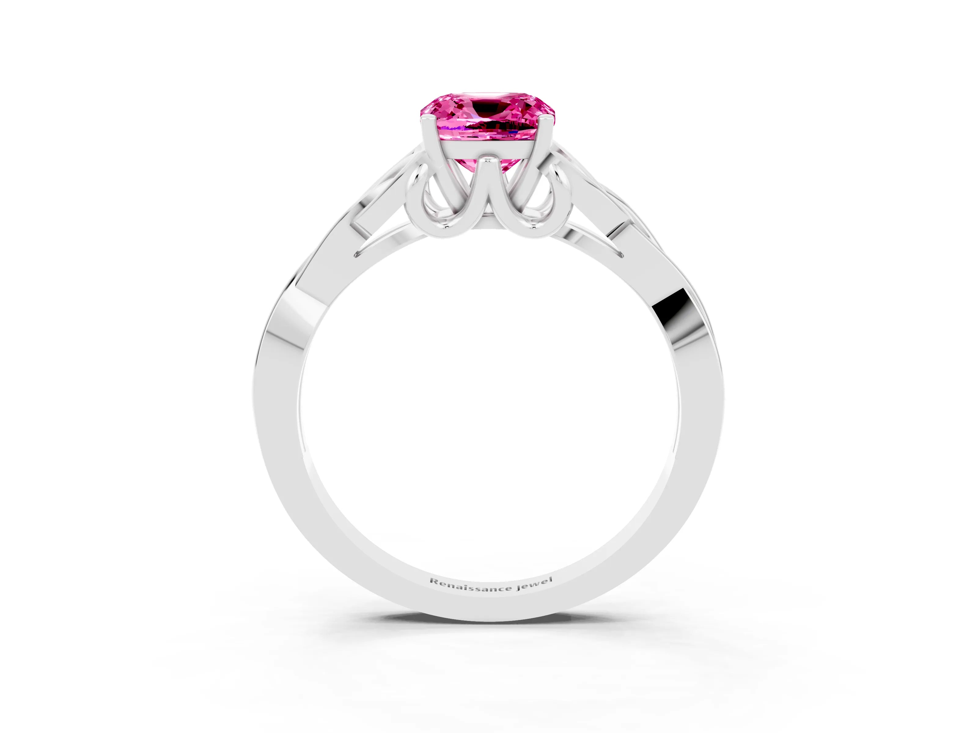 White gold Cushion Cut Pink Sapphire Solitaire Celtic Knot Ring with Four-Prong Setting_27