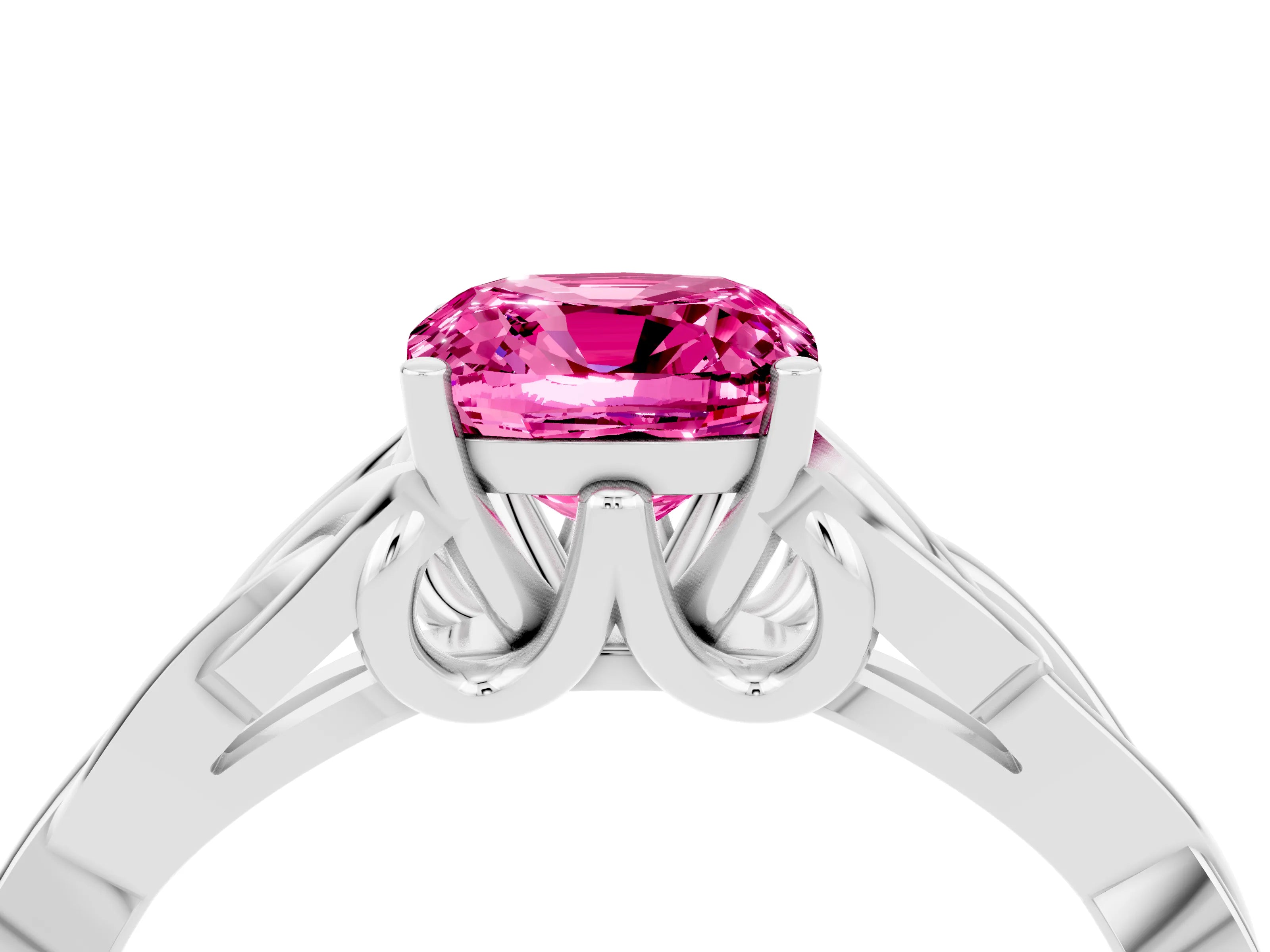 White gold Cushion Cut Pink Sapphire Solitaire Celtic Knot Ring with Four-Prong Setting_28