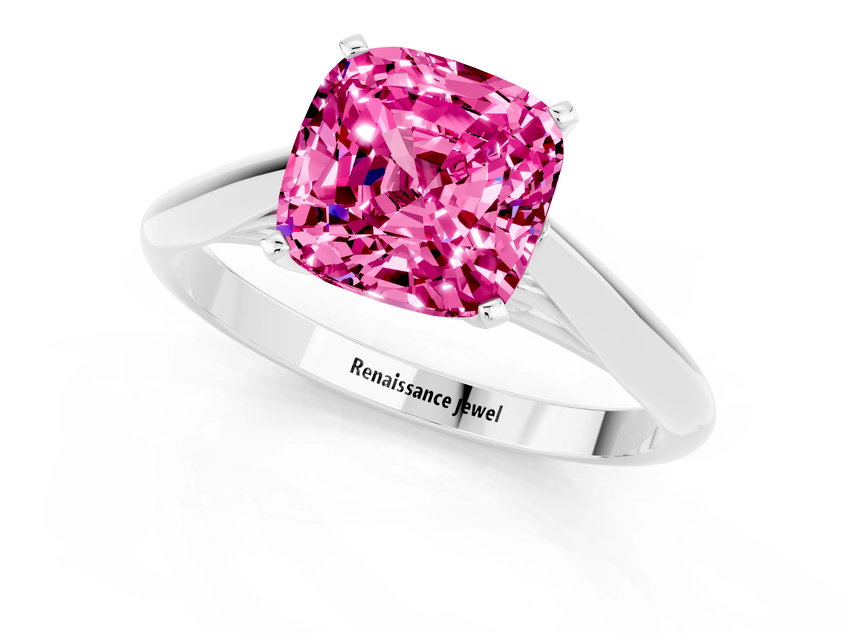 White gold Cushion Cut Pink Sapphire Solitaire Engagement Ring with Cathedral Setting and Four-Prong Mount_13