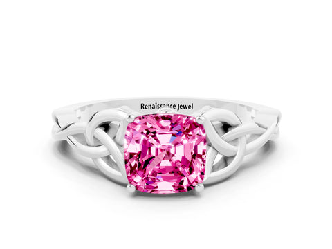 White gold Cushion Cut Pink Sapphire Solitaire Engagement Ring with Celtic Knot Band and Four-Prong Setting_24