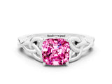 White gold Cushion Cut Pink Sapphire Solitaire Engagement Ring with Celtic Knot Band and Four-Prong Setting_24