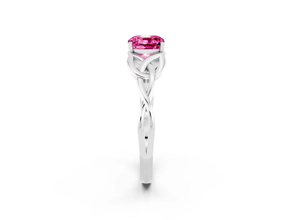 Platinum Cushion Cut Pink Sapphire Solitaire Engagement Ring with Celtic Knot Band and Four-Prong Setting