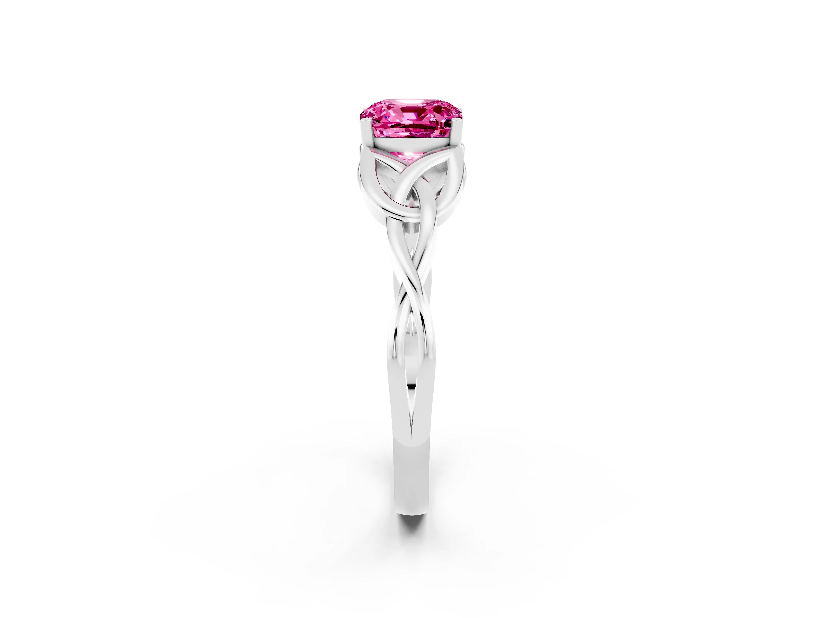 White gold Cushion Cut Pink Sapphire Solitaire Engagement Ring with Celtic Knot Band and Four-Prong Setting_26