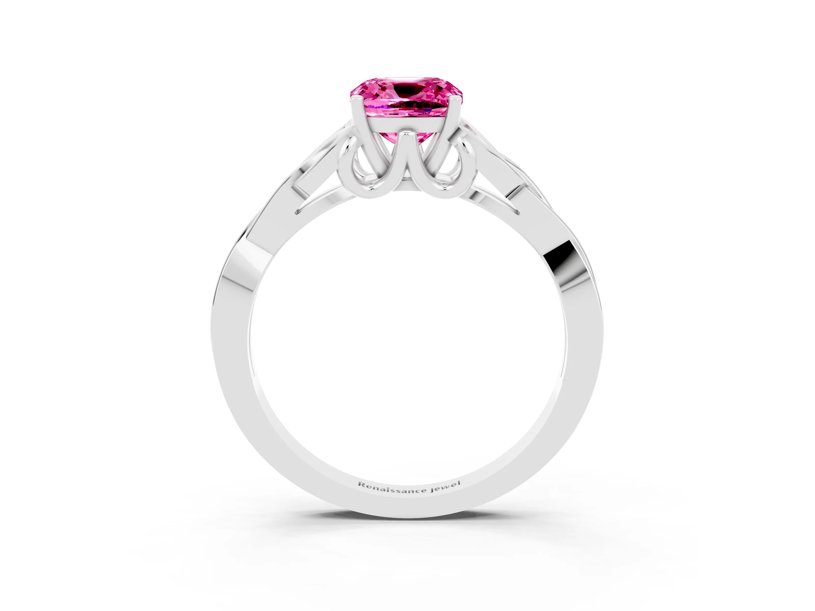 White gold Cushion Cut Pink Sapphire Solitaire Engagement Ring with Celtic Knot Band and Four-Prong Setting_27