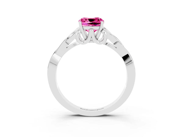 Platinum Cushion Cut Pink Sapphire Solitaire Engagement Ring with Celtic Knot Band and Four-Prong Setting