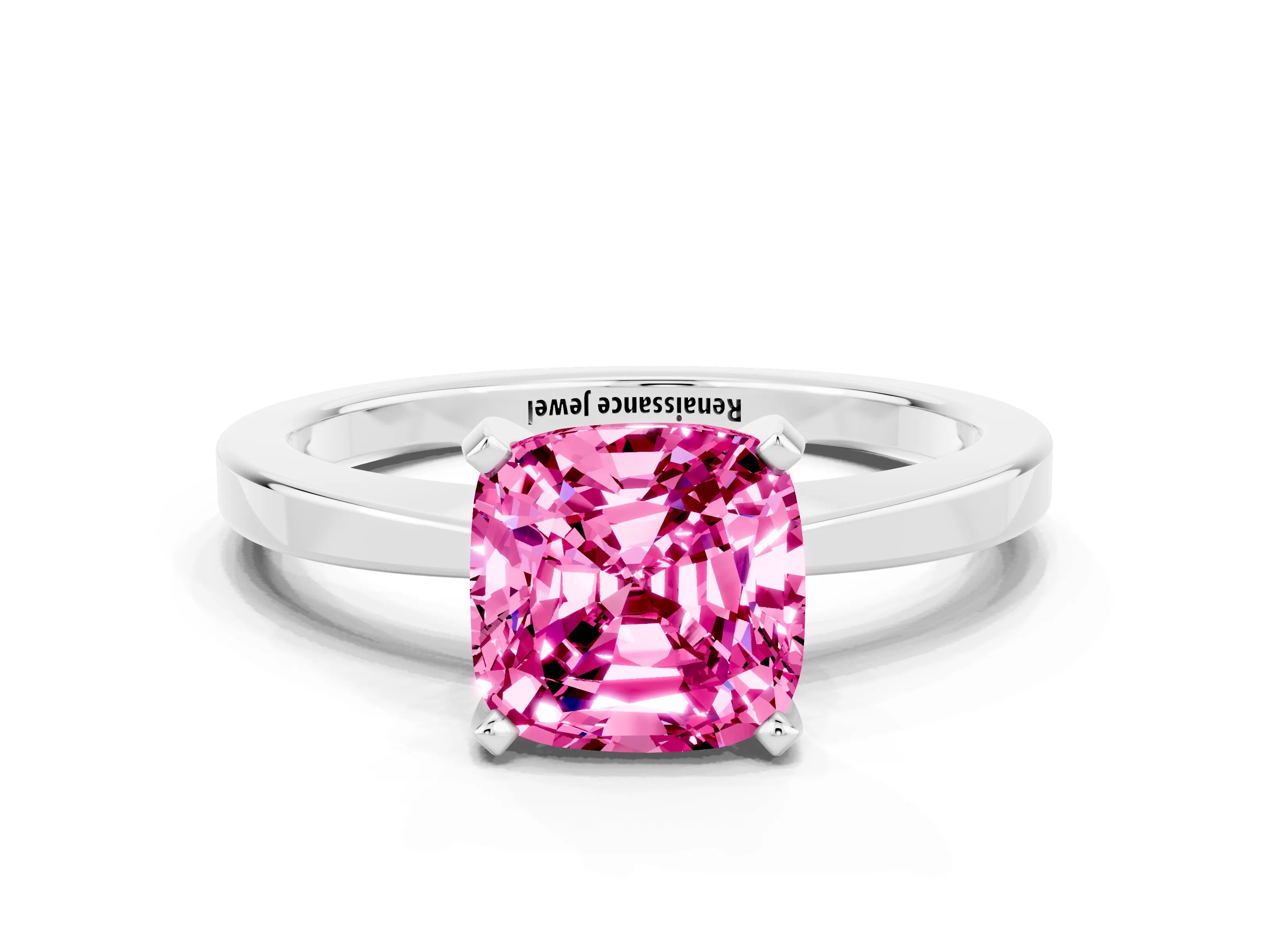 White gold Cushion Cut Pink Sapphire Solitaire Engagement Ring with Classic Band and Four-Prong Setting_12