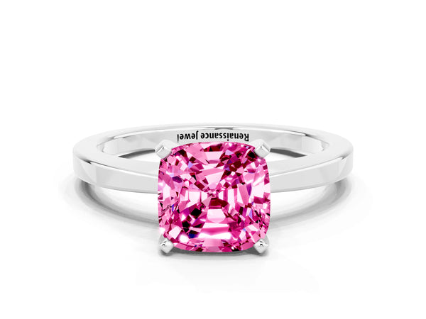 White gold Cushion Cut Pink Sapphire Solitaire Engagement Ring with Classic Band and Four-Prong Setting