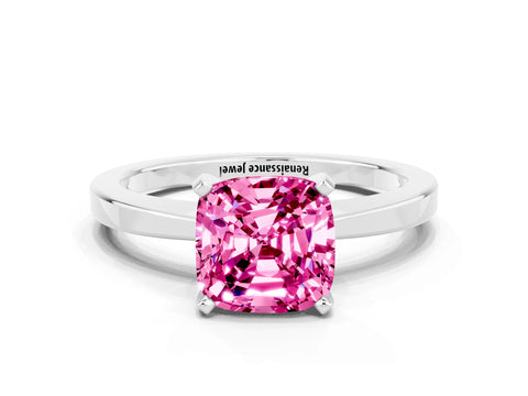White gold Cushion Cut Pink Sapphire Solitaire Engagement Ring with Classic Band and Four-Prong Setting_12