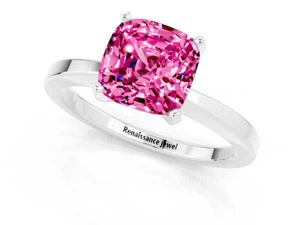 Platinum Cushion Cut Pink Sapphire Solitaire Engagement Ring with Classic Band and Four-Prong Setting