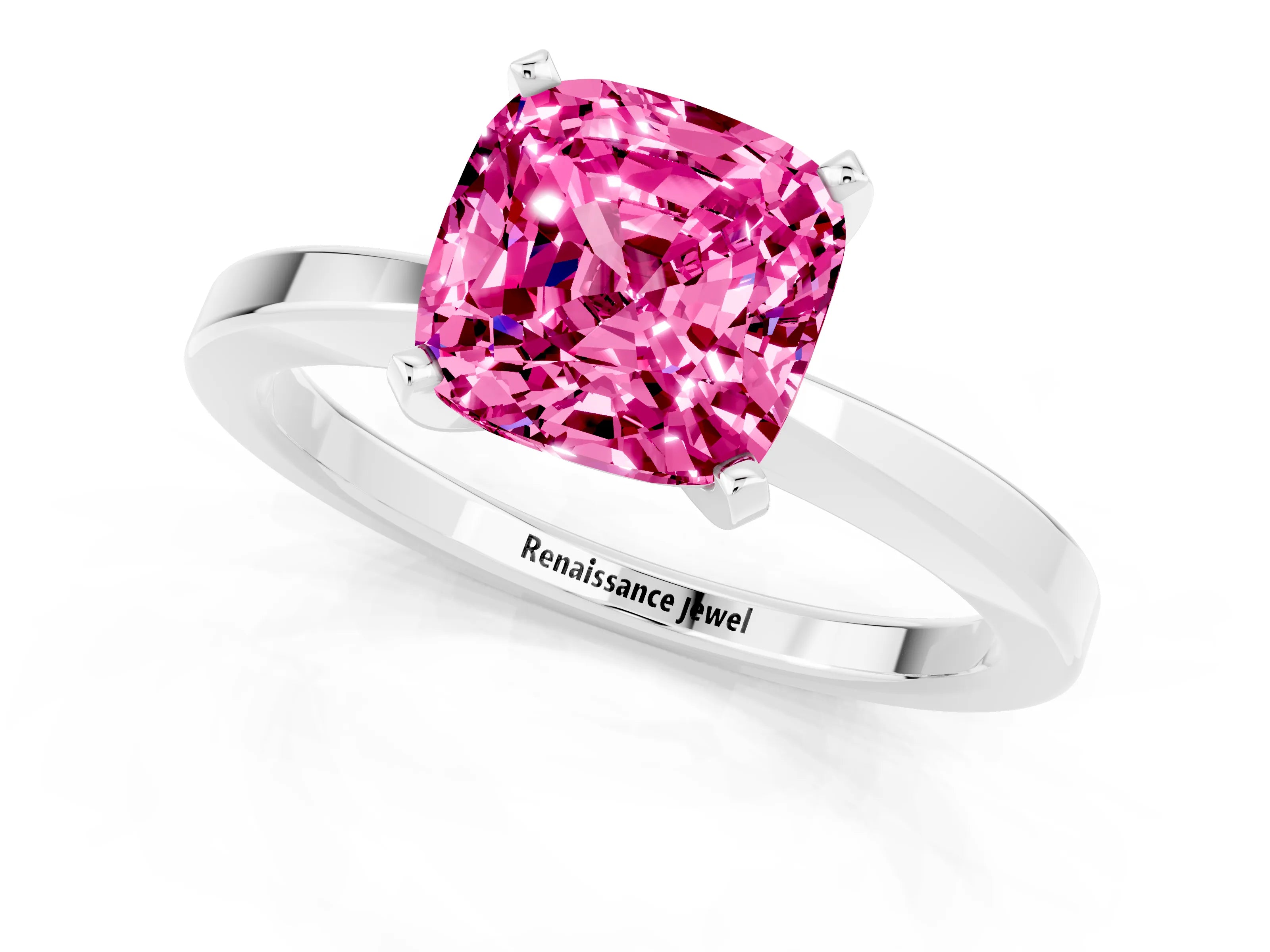 White gold Cushion Cut Pink Sapphire Solitaire Engagement Ring with Classic Band and Four-Prong Setting_13