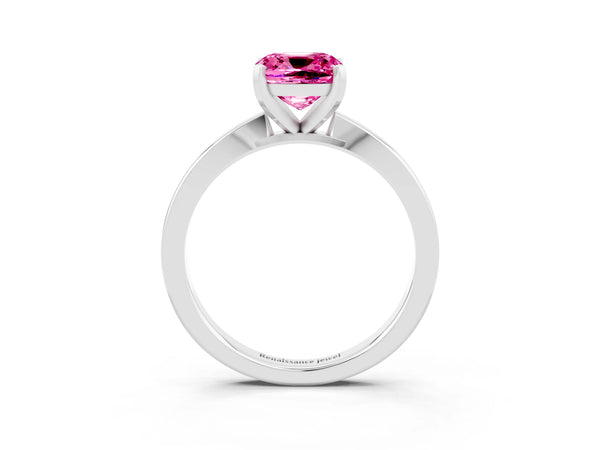 Platinum Cushion Cut Pink Sapphire Solitaire Engagement Ring with Classic Band and Four-Prong Setting