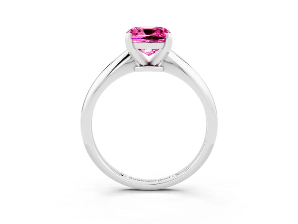 White gold Cushion Cut Pink Sapphire Solitaire Engagement Ring with Classic Band and Four-Prong Setting
