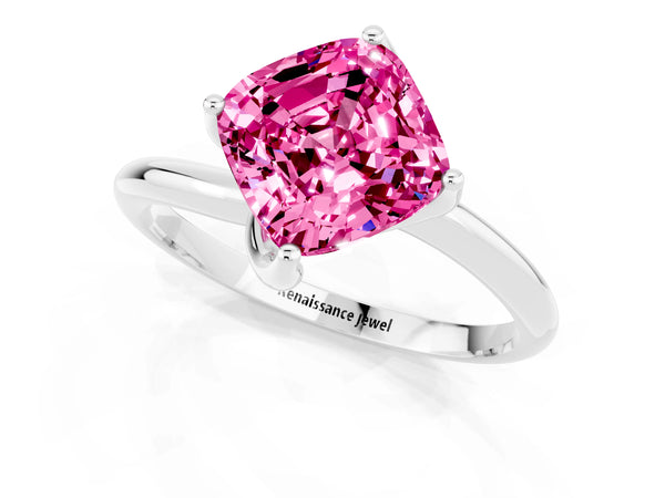 Platinum Cushion Cut Pink Sapphire Solitaire Engagement Ring with Four-Prong Setting and Classic Band