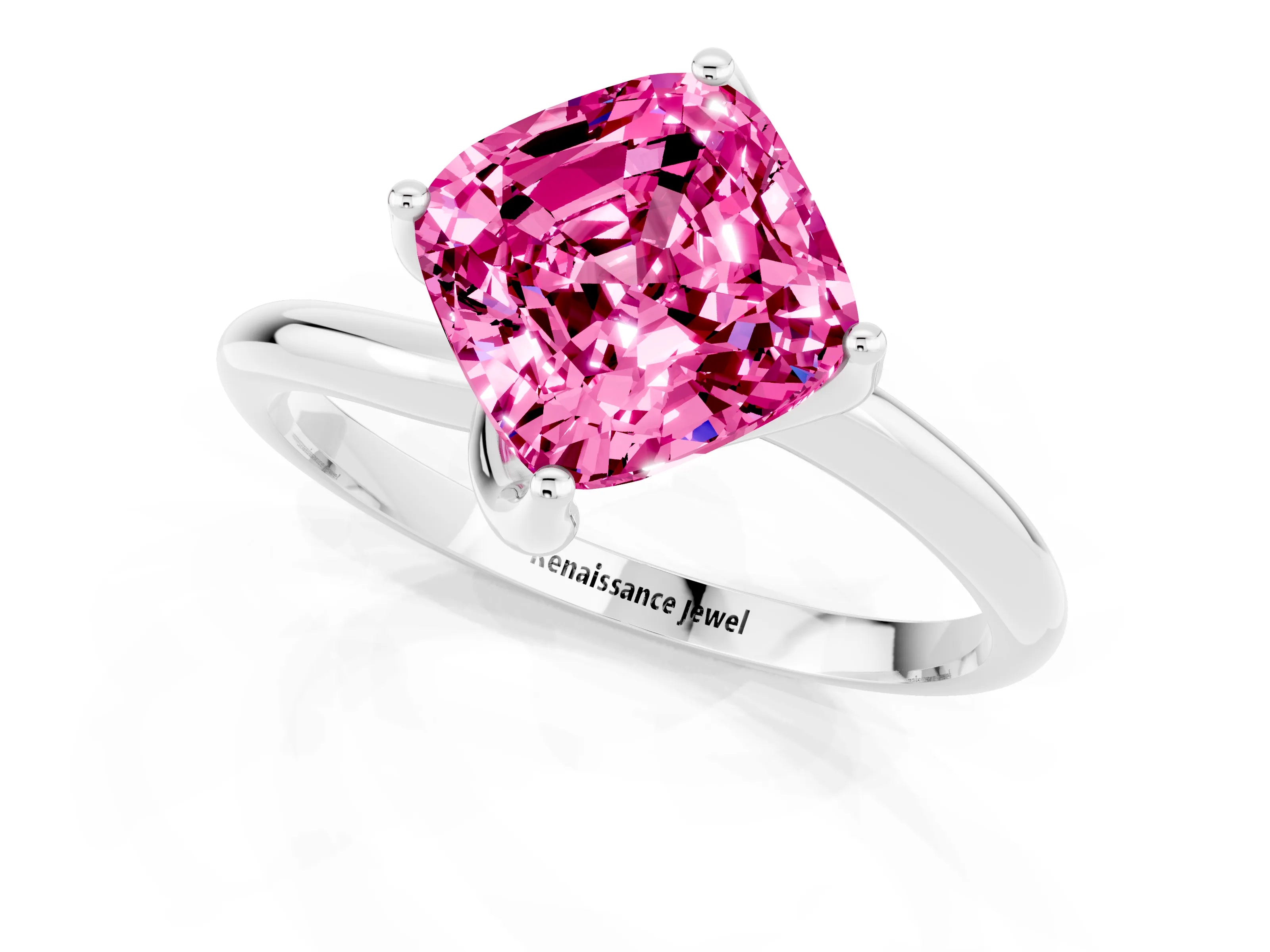 White gold Cushion Cut Pink Sapphire Solitaire Engagement Ring with Four-Prong Setting and Classic Band_13