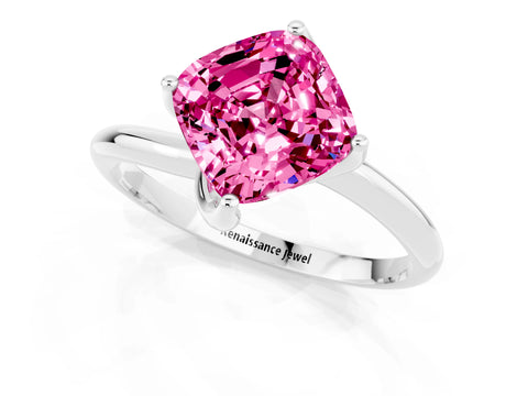 White gold Cushion Cut Pink Sapphire Solitaire Engagement Ring with Four-Prong Setting and Classic Band_13