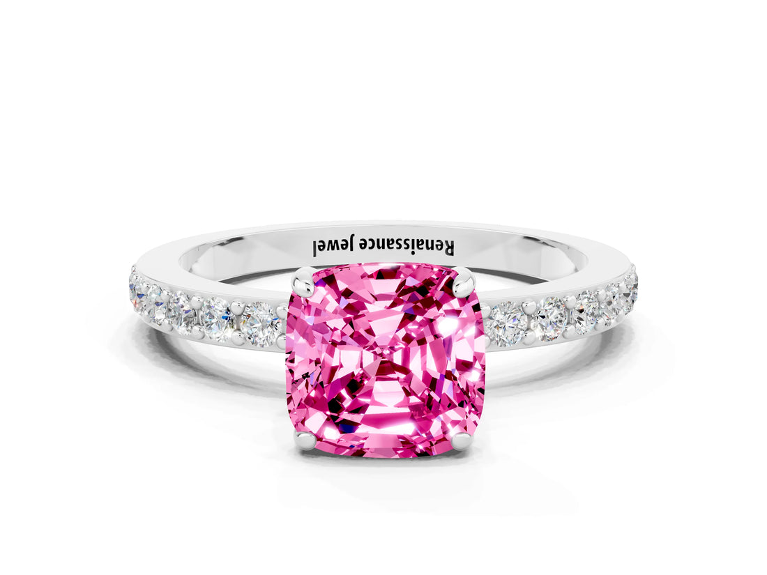 White gold Cushion Cut Pink Sapphire Solitaire Engagement Ring with Pavé Band and Four-Prong Setting_24