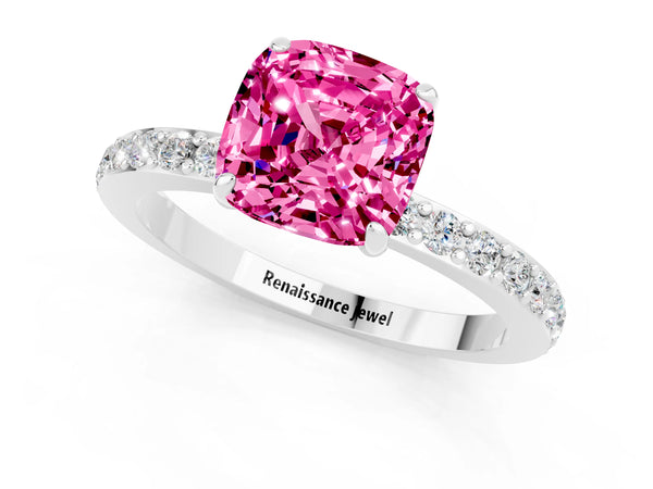 Platinum Cushion Cut Pink Sapphire Solitaire Engagement Ring with Pavé Band and Four-Prong Setting