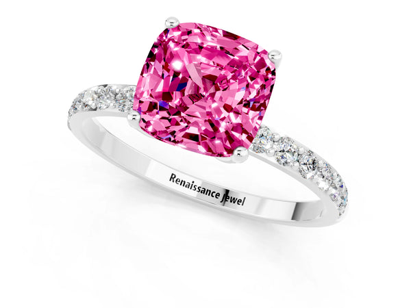 Platinum Cushion Cut Pink Sapphire Solitaire Engagement Ring with Round  Pavé Band and Prong Setting