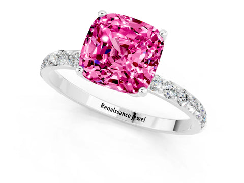 White gold Cushion Cut Pink Sapphire Solitaire Engagement Ring with Pavé Band and Prong Setting_1