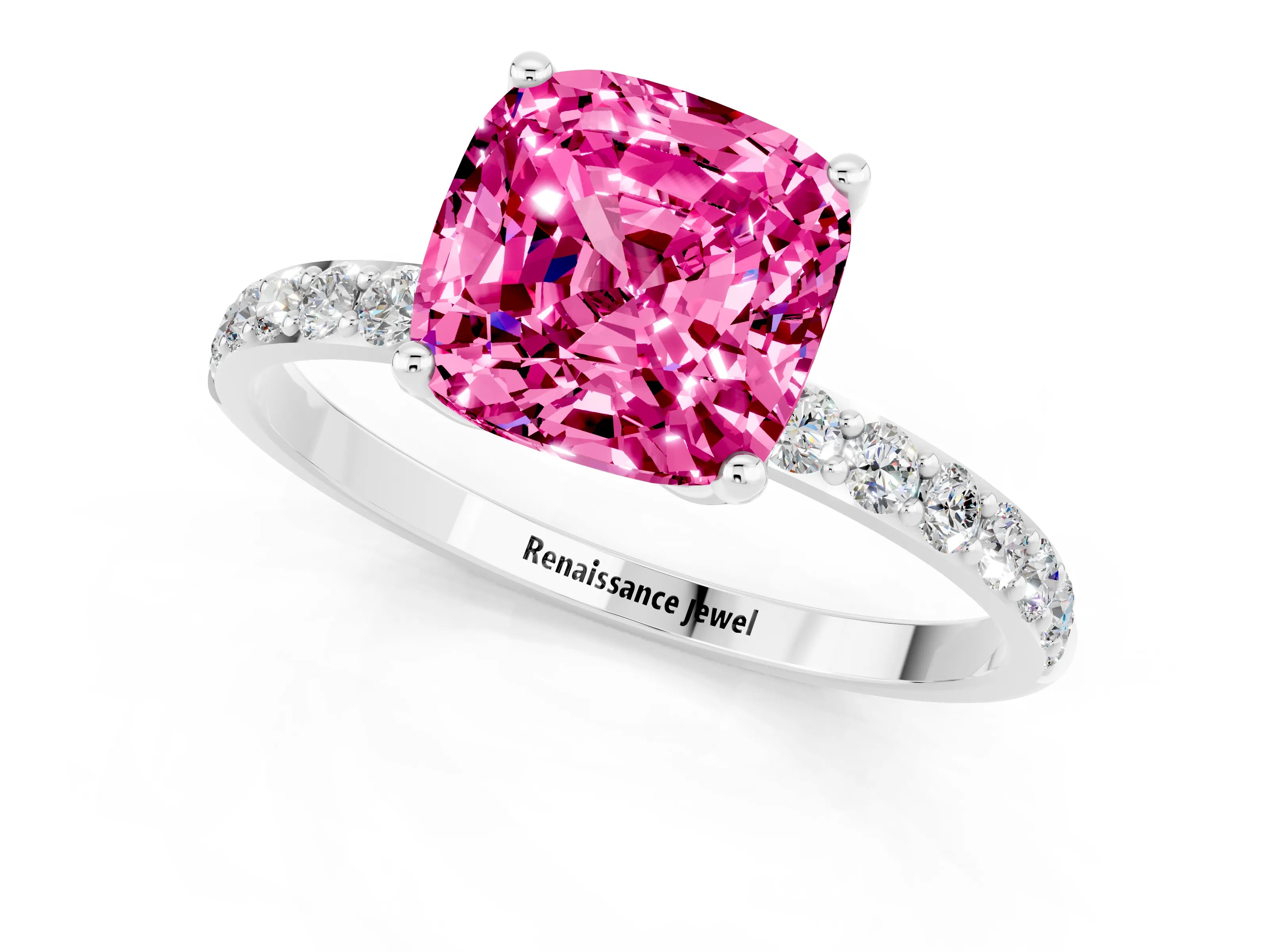 White gold Cushion Cut Pink Sapphire Solitaire Engagement Ring with Pavé Band and Prong Setting_1