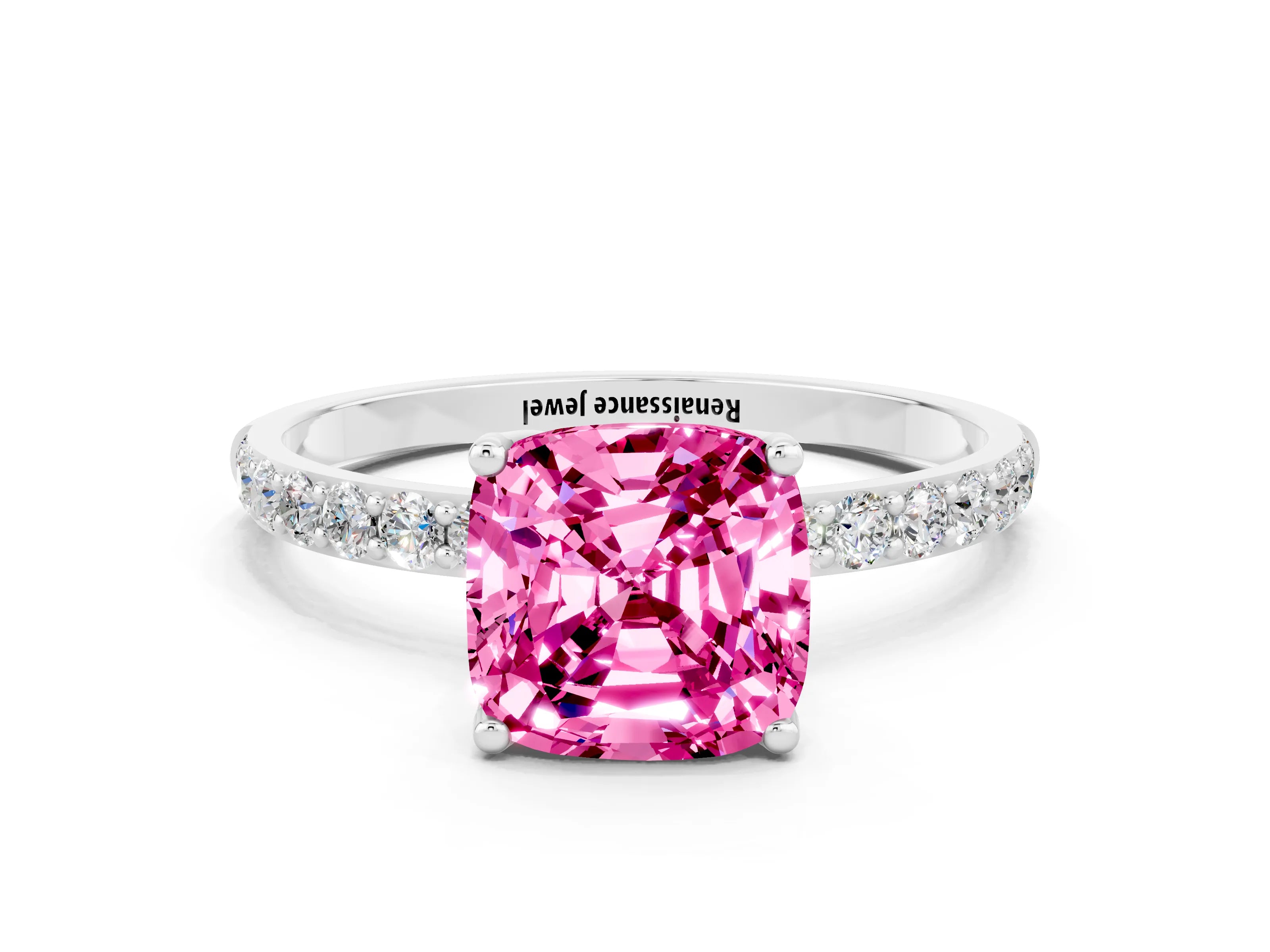 White gold Cushion Cut Pink Sapphire Solitaire Engagement Ring with Pavé Band and Prong Setting