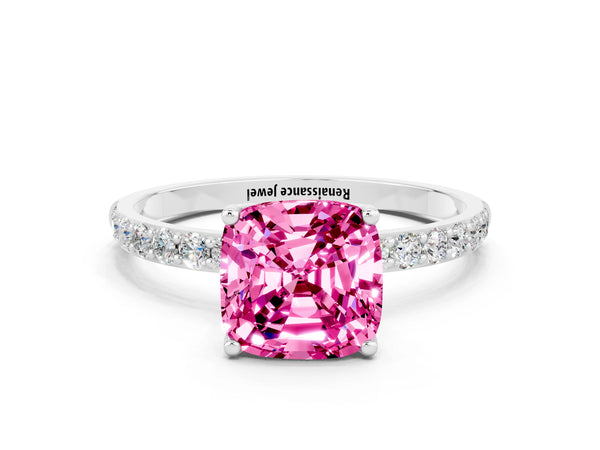 Silver Cushion Cut Pink Sapphire Solitaire Engagement Ring with Round  Pavé Band and Prong Setting