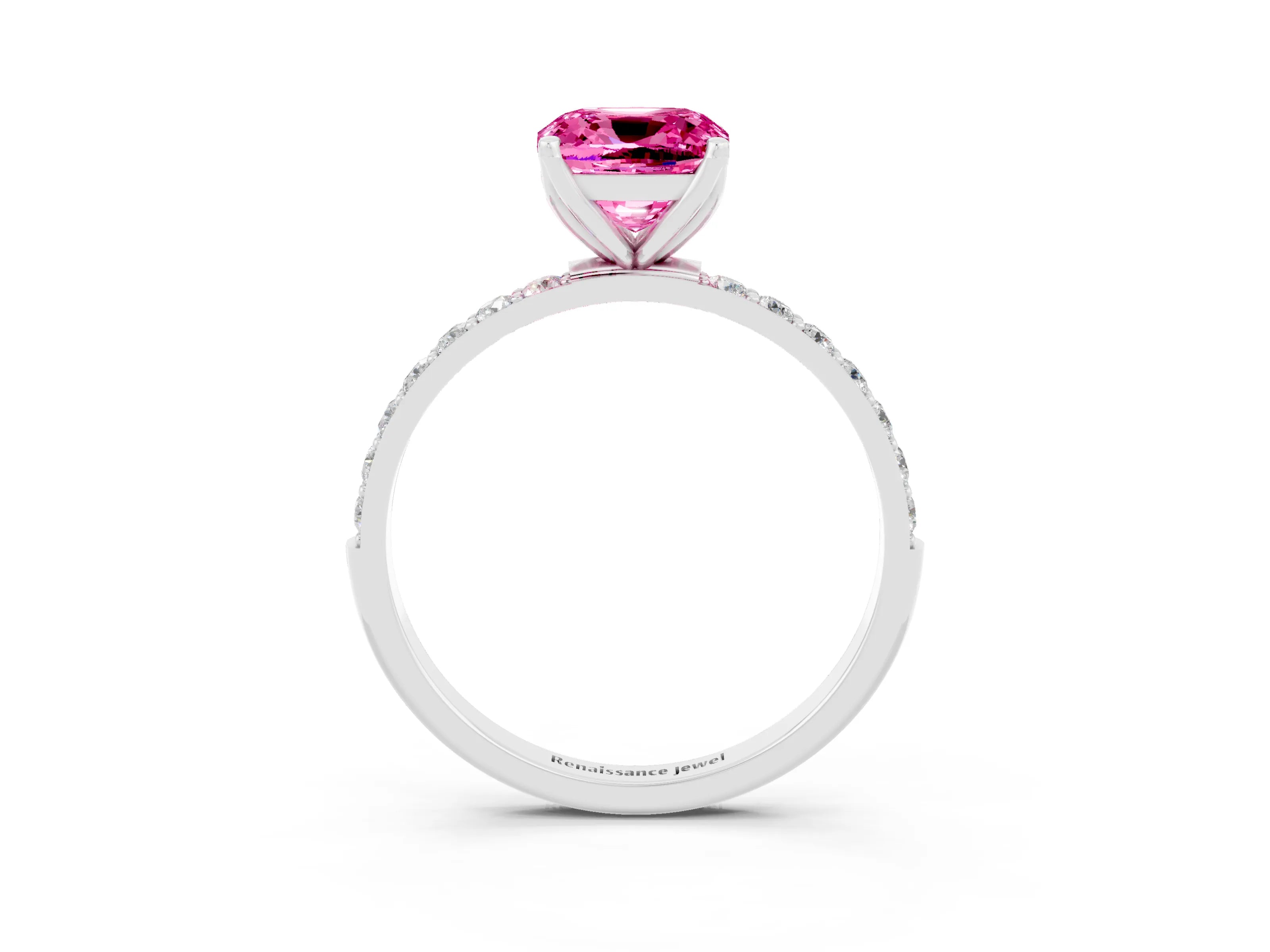 White gold Cushion Cut Pink Sapphire Solitaire Engagement Ring with Pavé Band and Prong Setting_3
