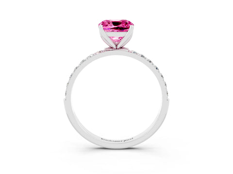 White gold Cushion Cut Pink Sapphire Solitaire Engagement Ring with Pavé Band and Prong Setting_3