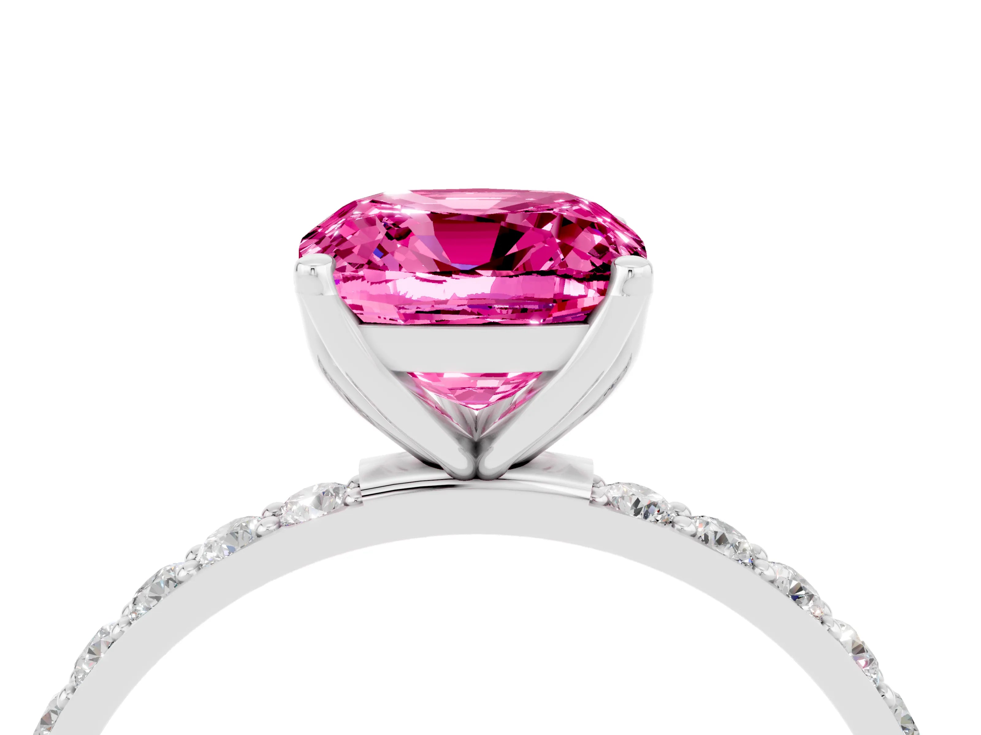 White gold Cushion Cut Pink Sapphire Solitaire Engagement Ring with Pavé Band and Prong Setting_4