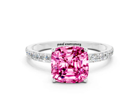 White gold Cushion Cut Pink Sapphire Solitaire Engagement Ring with Pavé Band and Prong Setting