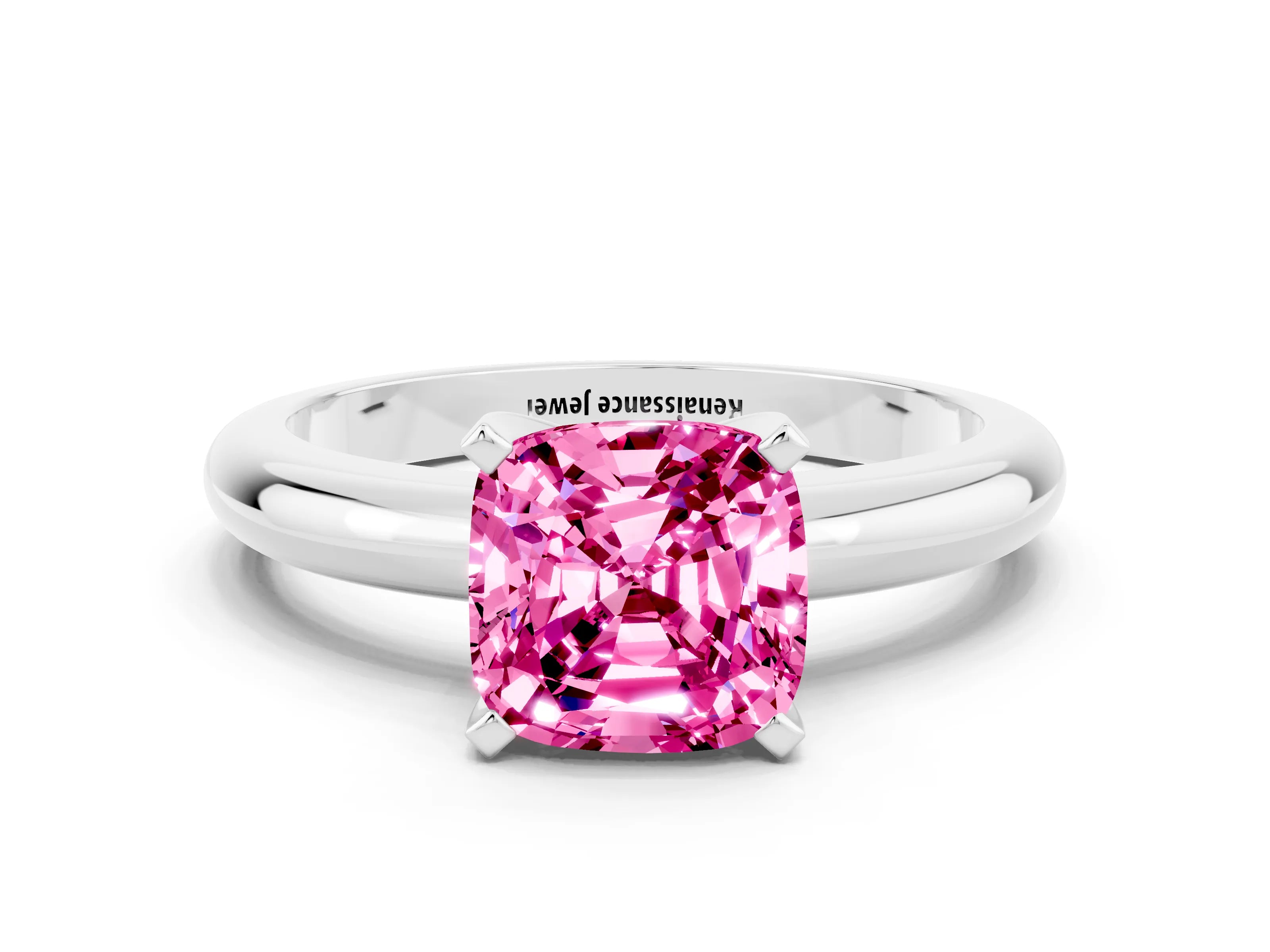 White gold Cushion Cut Pink Sapphire Solitaire Engagement Ring with Round Band and Four-Prong Setting_24