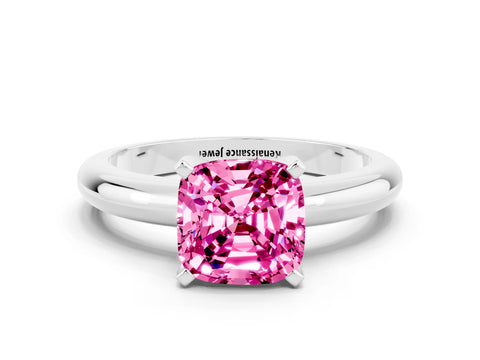 White gold Cushion Cut Pink Sapphire Solitaire Engagement Ring with Round Band and Four-Prong Setting_24