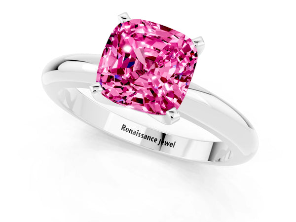 Platinum Cushion Cut Pink Sapphire Solitaire Engagement Ring with Round Band and Four-Prong Setting