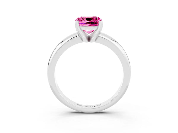 Silver Cushion Cut Pink Sapphire Solitaire Engagement Ring with Round Band and Four-Prong Setting