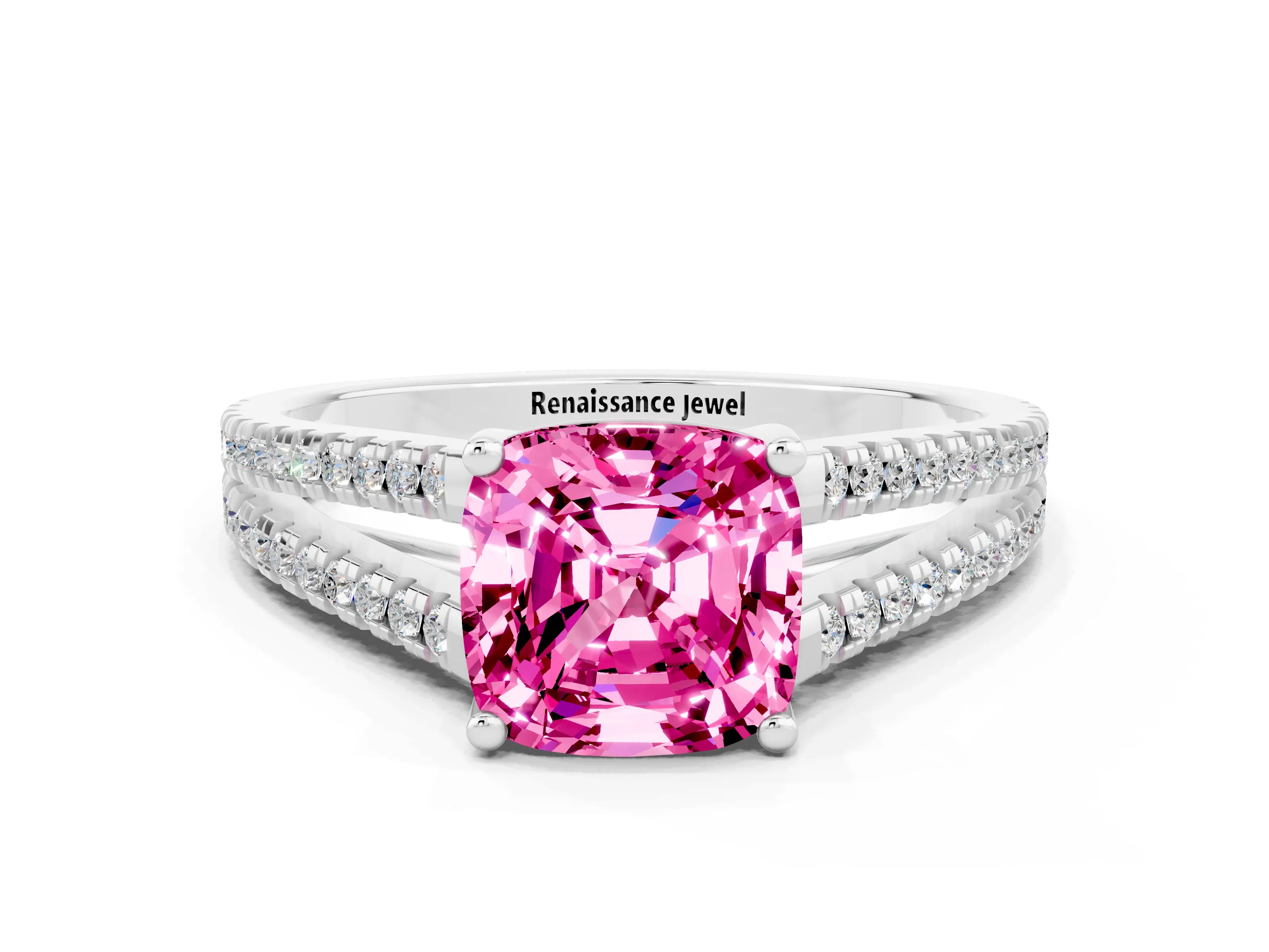 White gold Cushion Cut Pink Sapphire Solitaire Engagement Ring with Split Shank Pavé Band_12