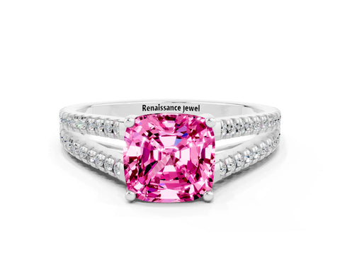 White gold Cushion Cut Pink Sapphire Solitaire Engagement Ring with Split Shank Pavé Band_12