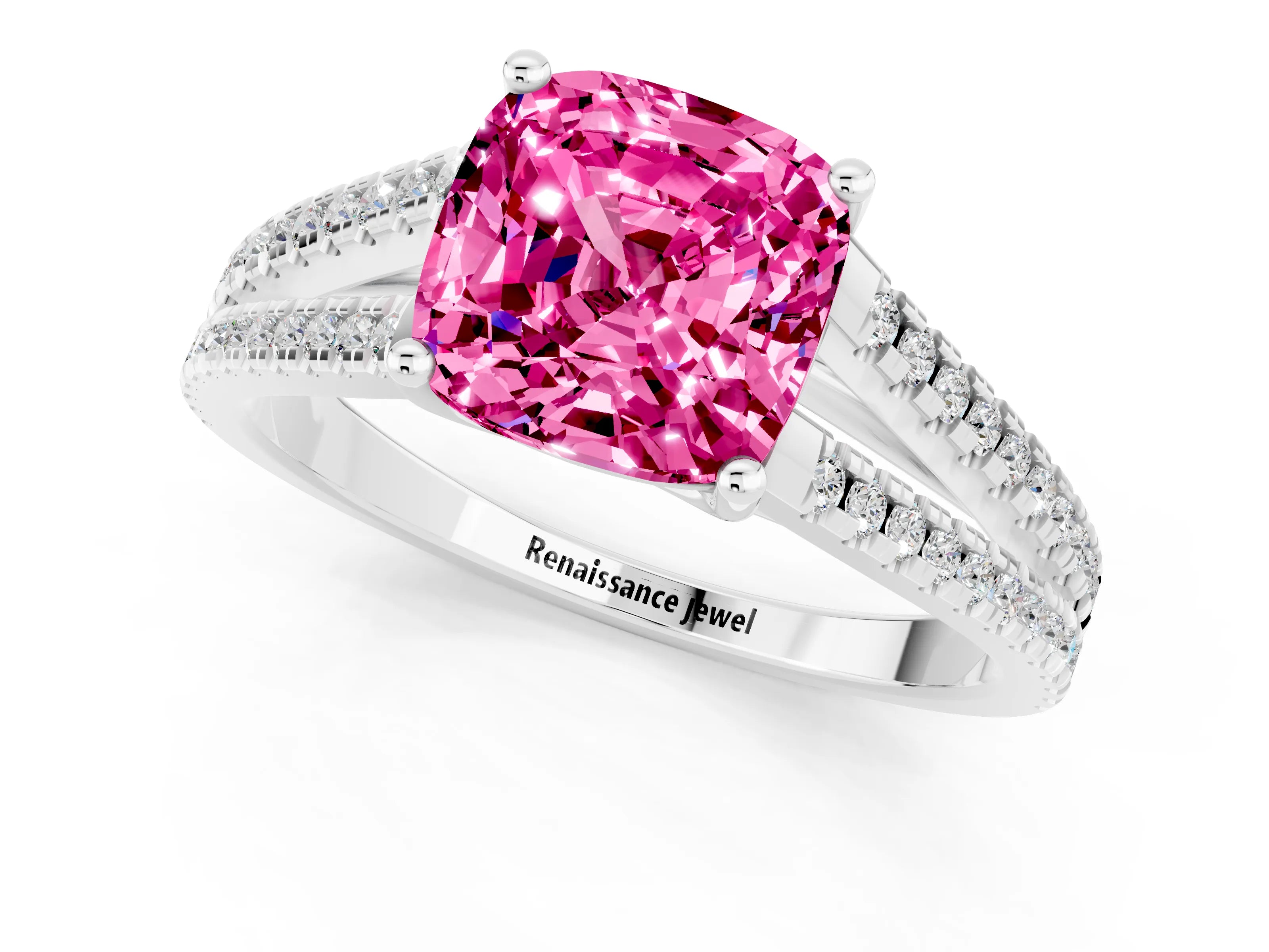 White gold Cushion Cut Pink Sapphire Solitaire Engagement Ring with Split Shank Pavé Band_13