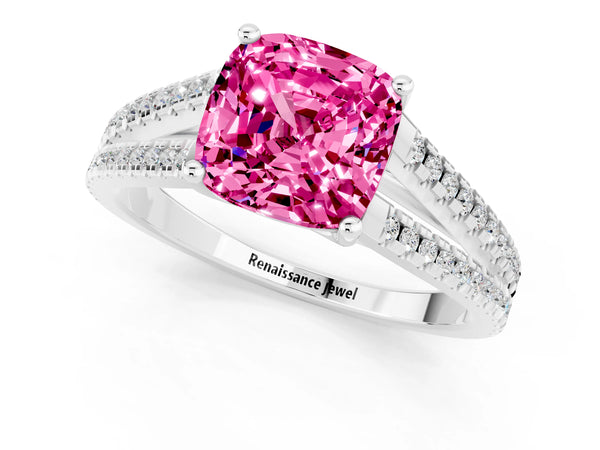 Silver Cushion Cut Pink Sapphire Solitaire Engagement Ring with Split Shank Pavé Band