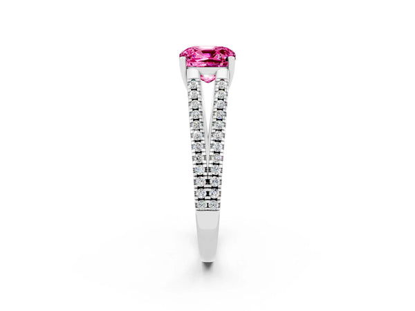 Platinum Cushion Cut Pink Sapphire Solitaire Engagement Ring with Split Shank Pavé Band